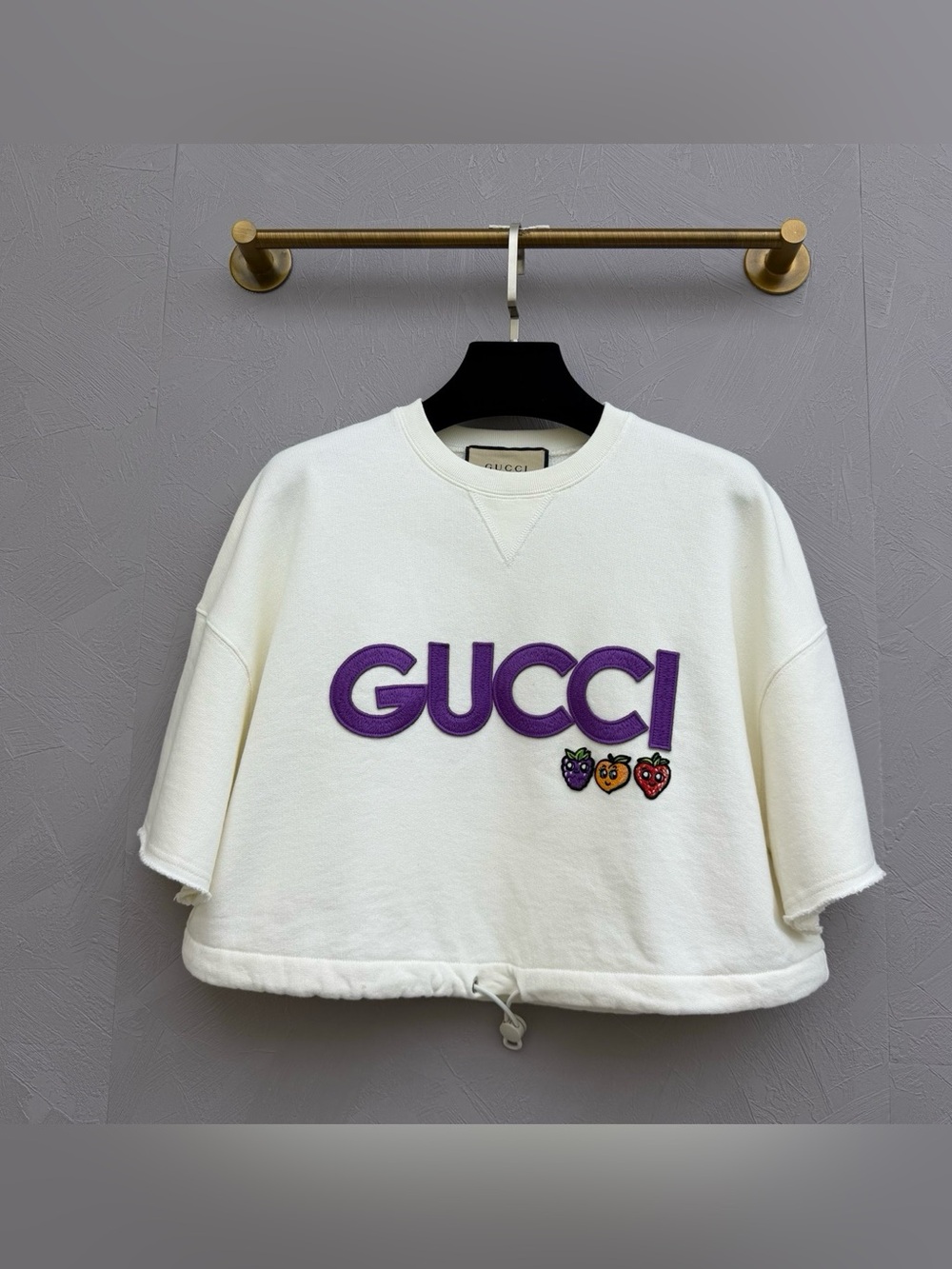 Gucci Cream Cropped Sweatshirt with Purple Logo and Fruit Patches